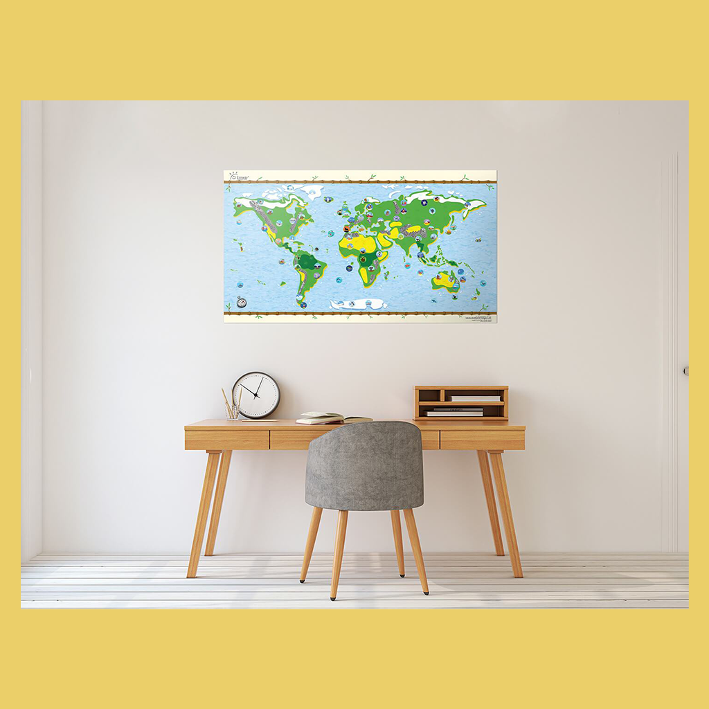 Kids World Map with 140 Reusable Stickers